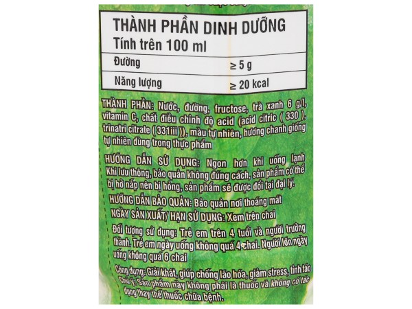 Thành phần dinh dưỡng trong 1 chai trà xanh không độ